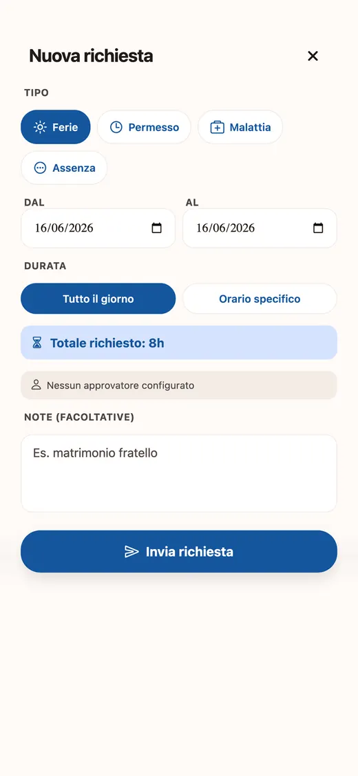 La richiesta di ferie, permesso o malattia nell’app sonoQui