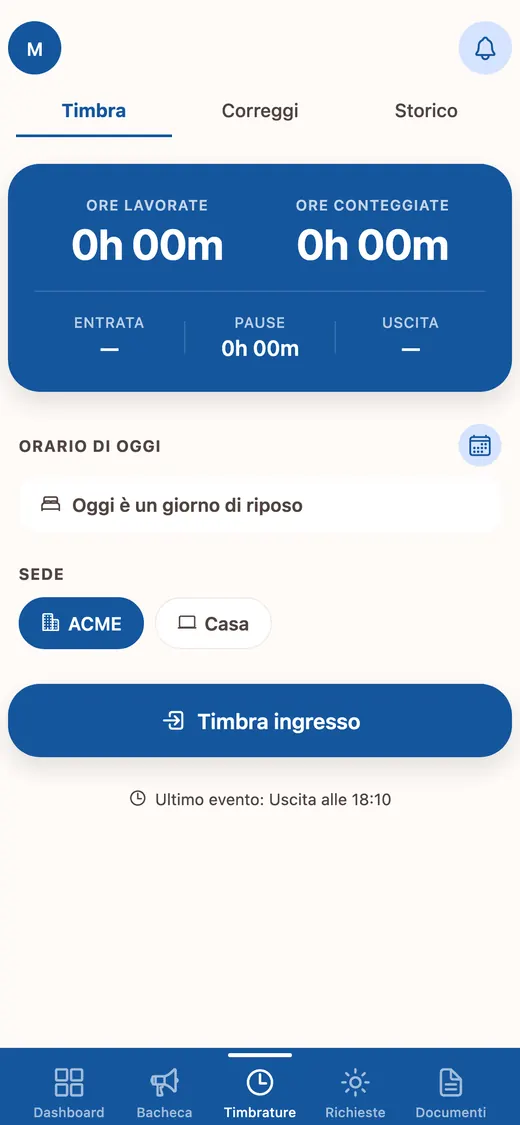 La schermata dell’app sonoQui per timbrare l’ingresso