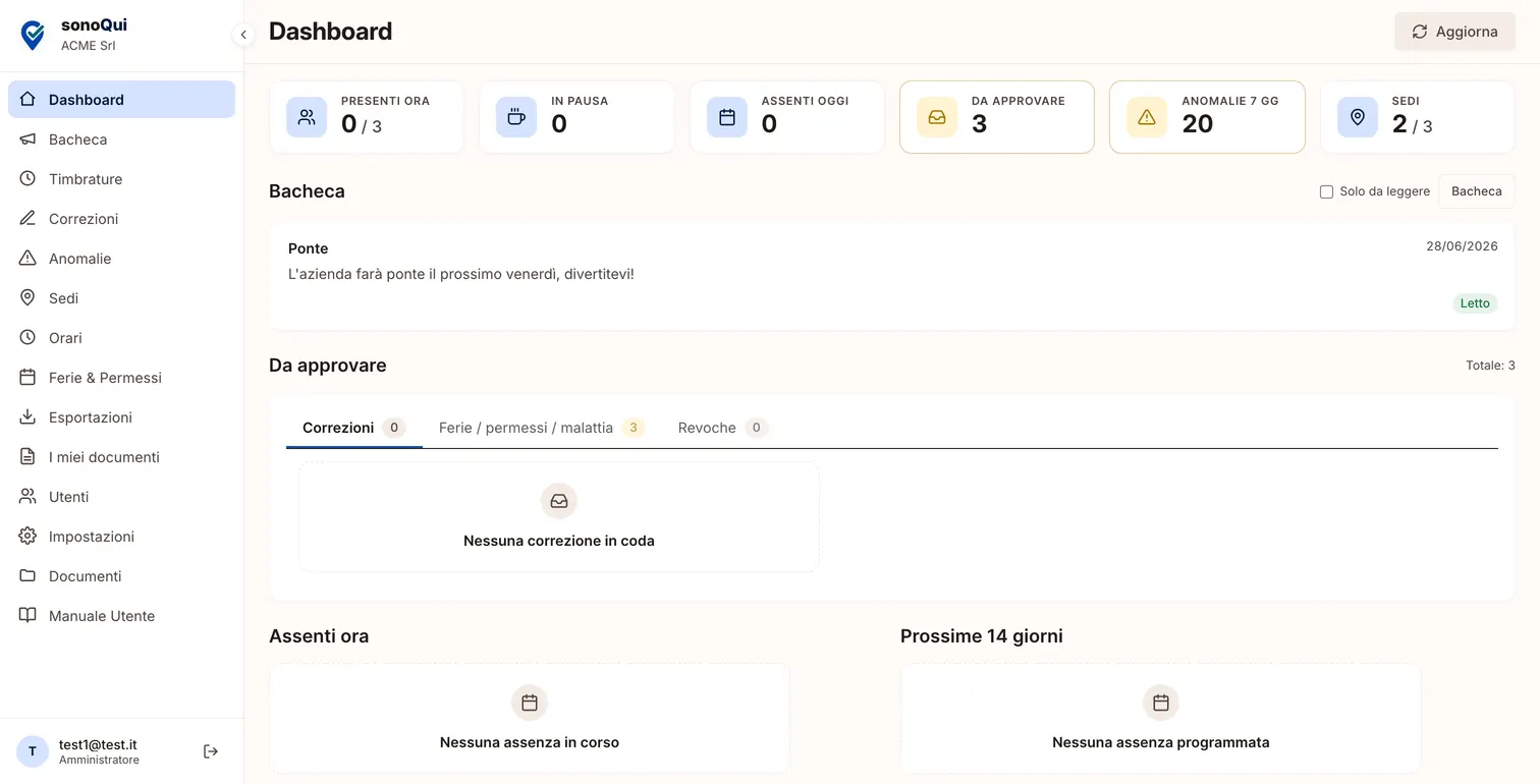 La dashboard web di sonoQui: presenti, assenti, richieste da approvare e anomalie